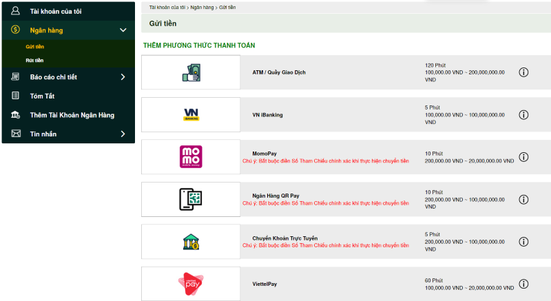 chọn mục gửi tiền v9bet