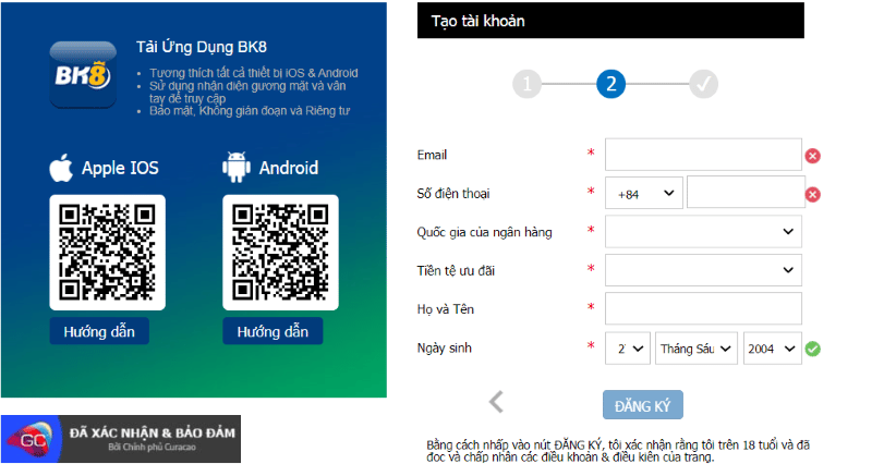 nhập thông tin đăng ký tài khoản bk8