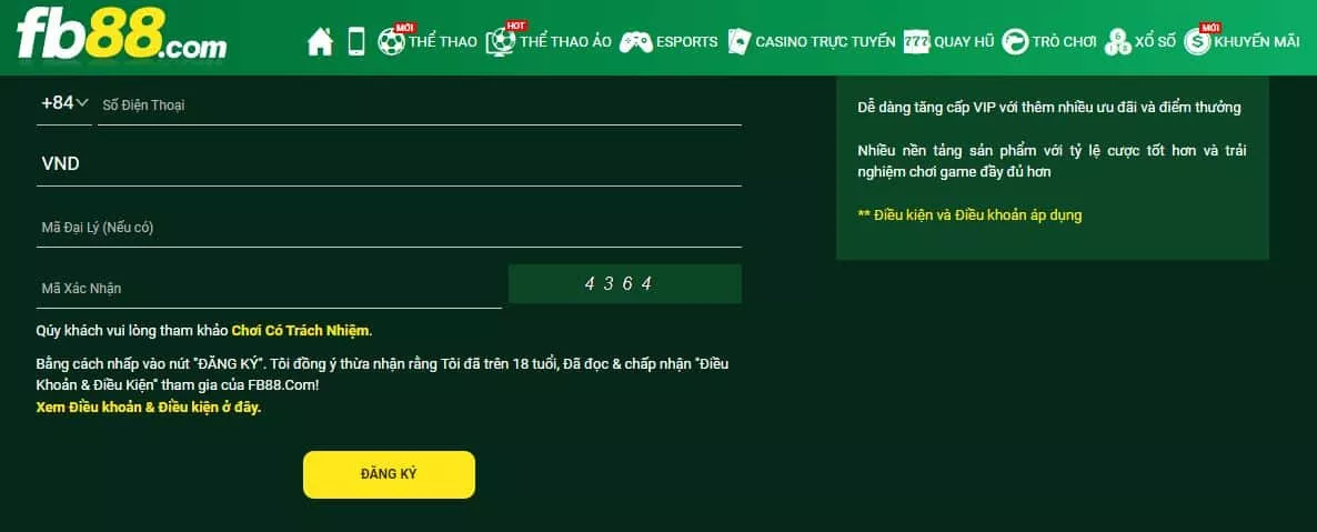nhấn chọn đăng ký fb88 hoàn thành tạo tài khoản