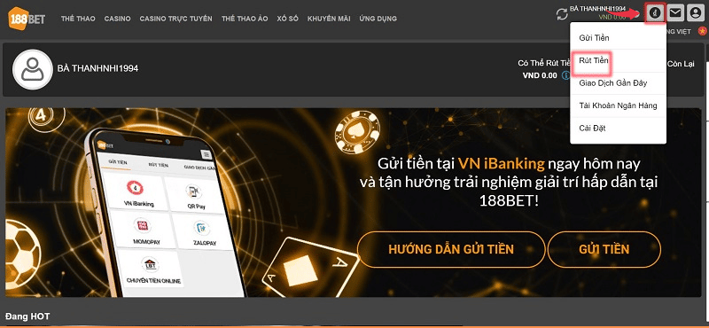 đăng nhập chọn mục rút tiền