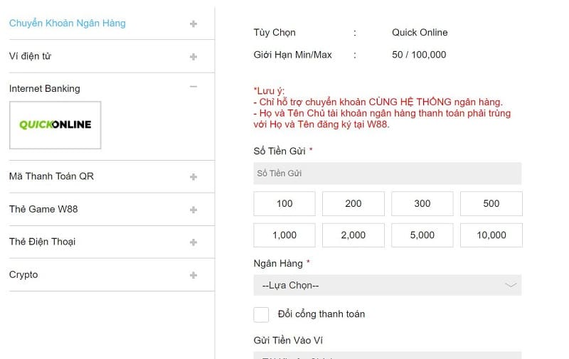 nạp tiền w88 qua phương thức internet banking
