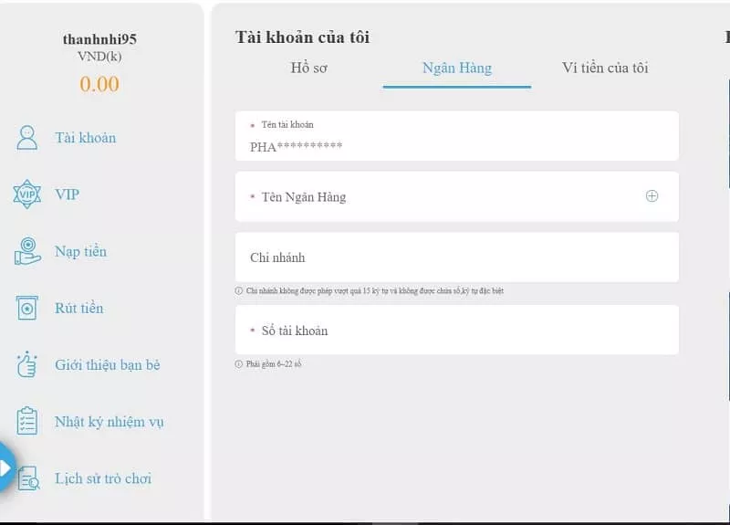 cập nhật thông tin thẻ ngân hàng