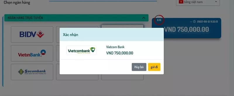 người chơi chọn gửi đi hoàn thành lệnh xác nhận nạp tiền live casino house