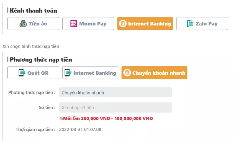 chọn kênh thanh toán và phương thức nạp tiền dubai palace