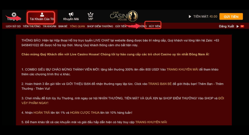 hướng dẫn rút tiền live casino house 