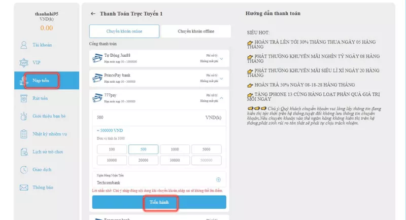 nạp tiền qua chuyển khoản