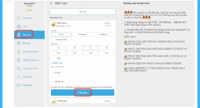 nạp tiền jun88 qua thẻ cào