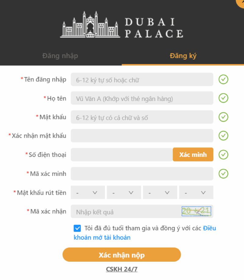 nhập thông tin đăng ký dubai palace