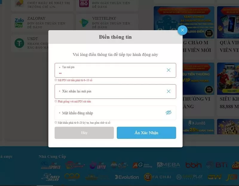 tạo mã pin rút tiền