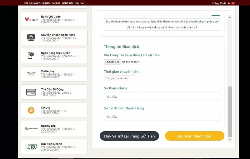 tạo lệnh xác nhận nạp tiền live casino house