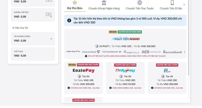các phương thức nạp tiền m88