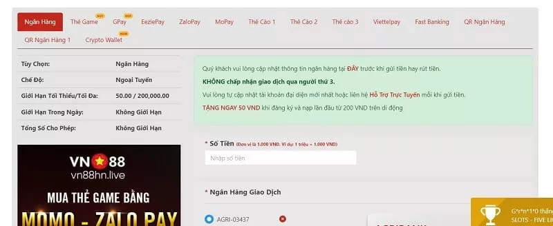các phương thứuc nạp tiền vn88
