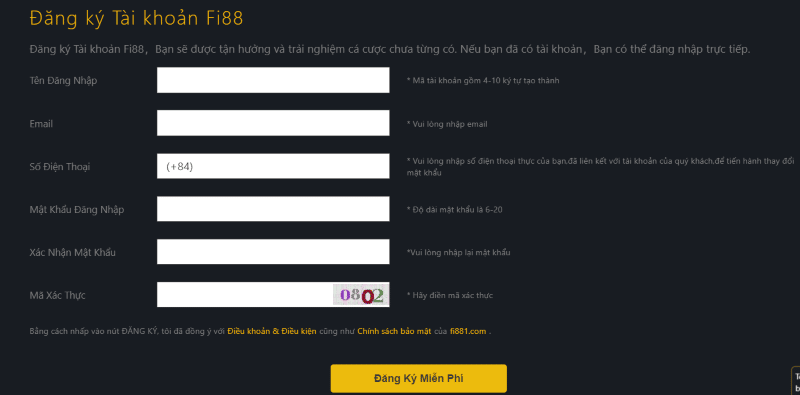nhập thông tin đăng ký fi88