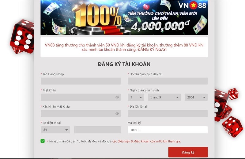 nhập thông tin đăng ký vn88