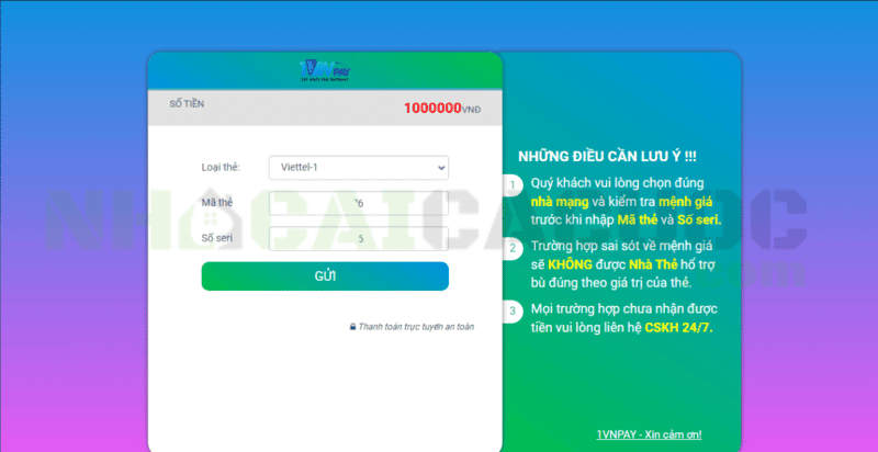 nập thông tin thẻ cào điện thoại