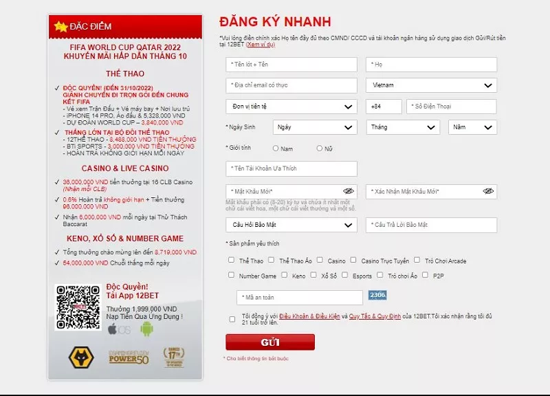 điền thông tin đăng ký 12bet