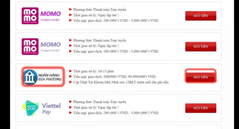 người chơi chọn phương thức ngân hàng địa phương