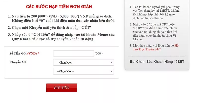 nạp tiền 12bet qua momo