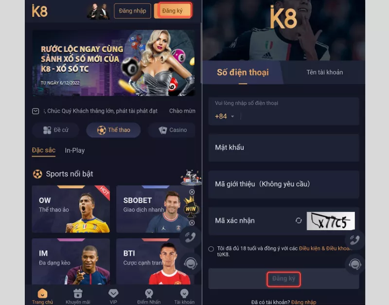 đăng ký k8 qua điện thoại