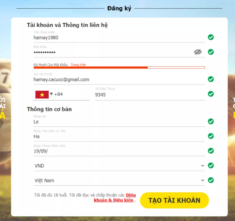 điền thông tin đăng ký dafabet