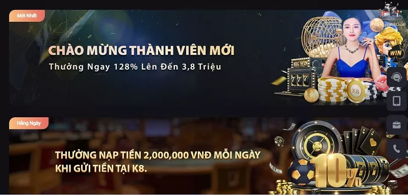 khuyến mãi chào mừng thành viên mới k8