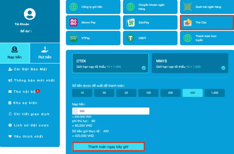 cách nạp tiền hi88 qua thẻ cào