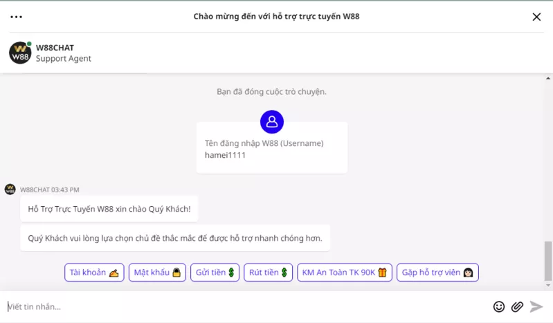 điền câu hỏi và bắt đầu chat trực tuyến w88