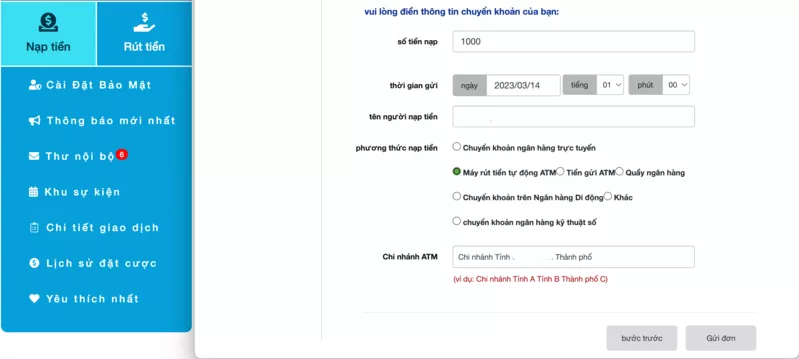 nạp tiền hi88 và điền thông tin xác nhận
