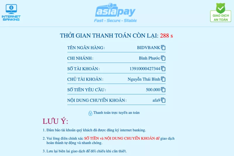 hoàn tất chuyển tiền hi88 qua cổng thanh toán online
