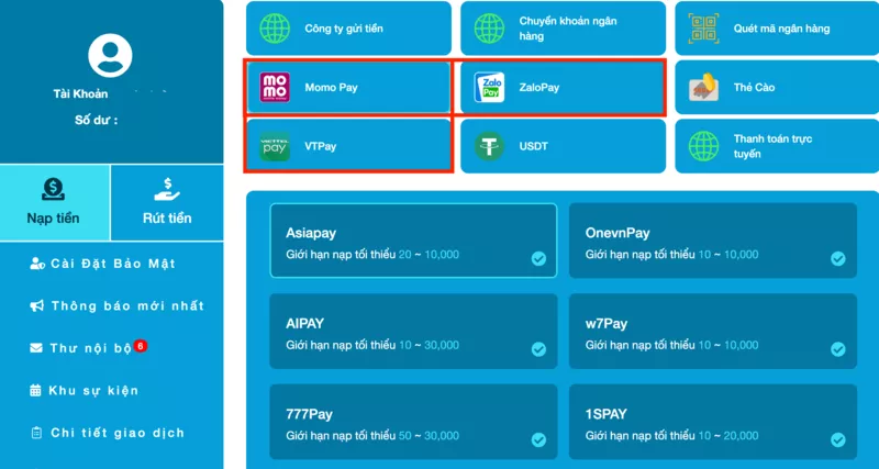 chọn hình thức nạp tiền hi88 qua cổng thanh toán