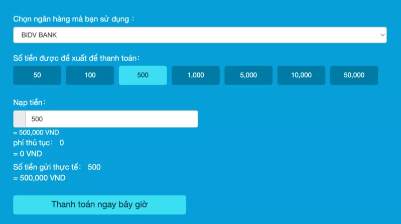 nhập số tiền gửi vào hi88 và thực hiện thanh toán online