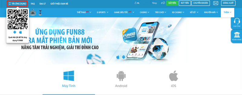 truy cập vào trang tải app fun88 lấy mã qr