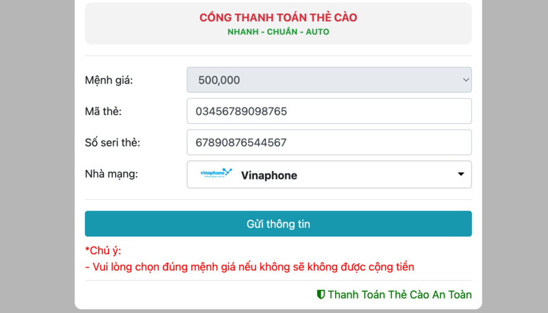 chúng ta lựa chọn loại thẻ cào và chọn đúng mệnh giá để có thể được cộng tiền.