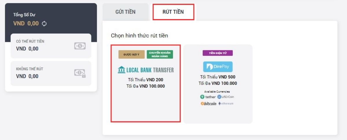 chọn phương thức rút tiền m88