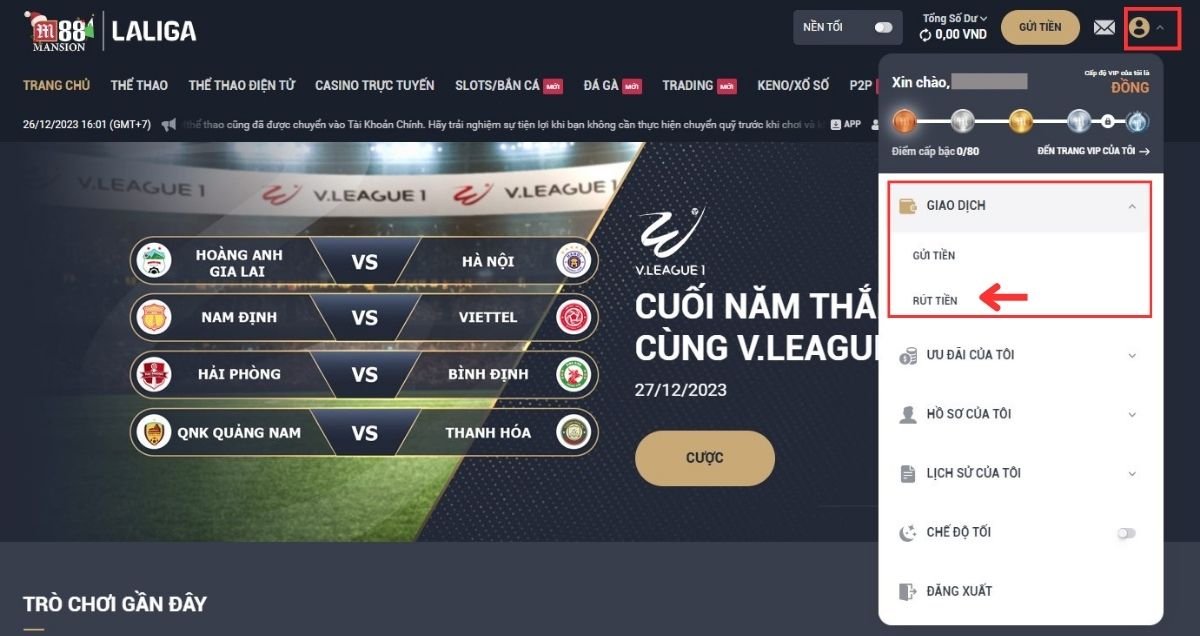 người chơi đi đến trang rút tiền m88
