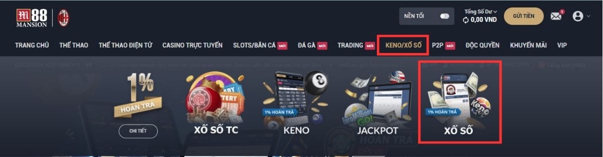 vào mục xổ số để tham gia chơi lotto m88