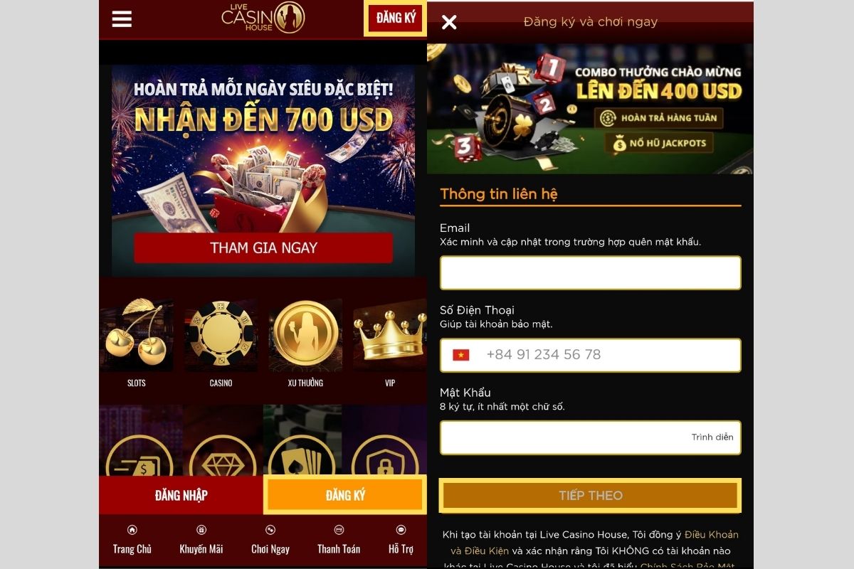 đăng ký live casino house trên điện thoại