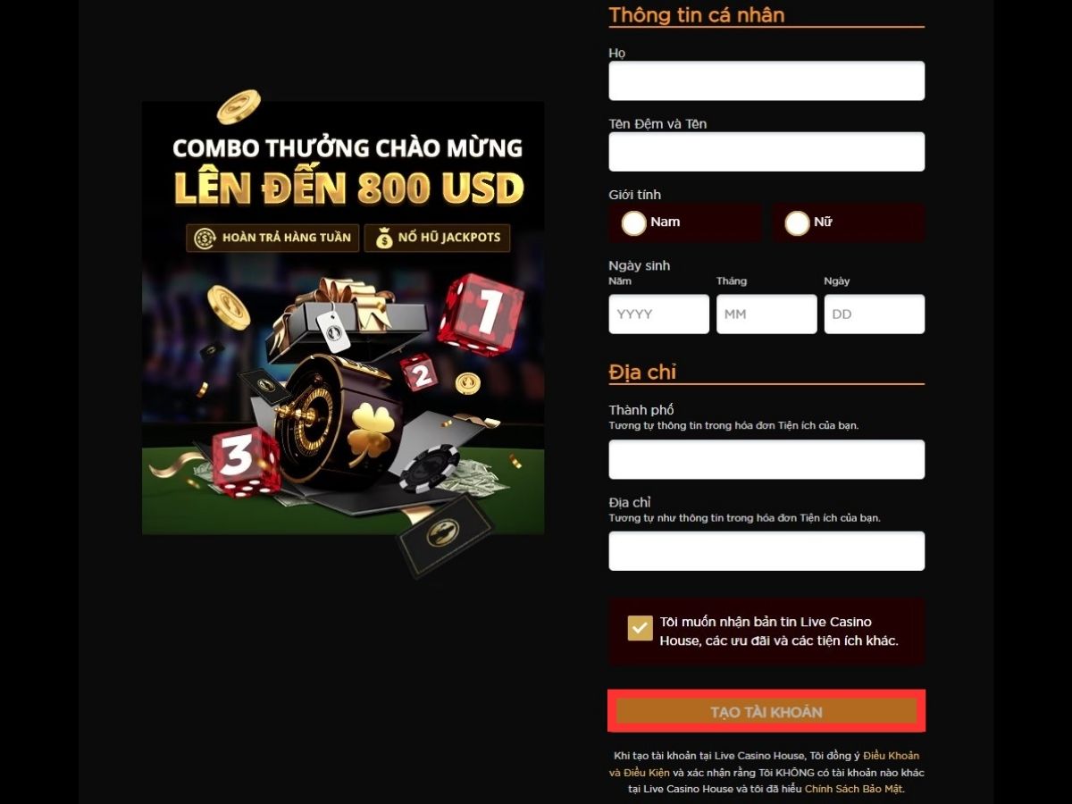 nhập thông tin cá nhân vào form đăng ký live casino house