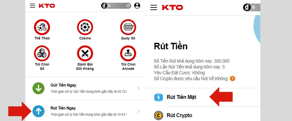 đến trang rút tiền kto