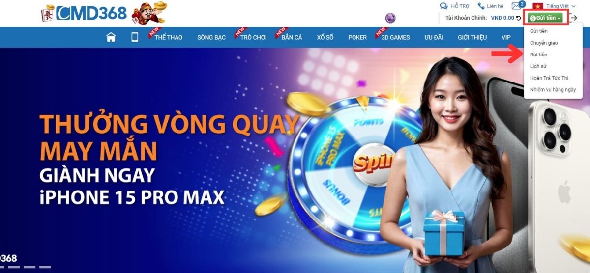 người chơi đi đến trang rút tiền cmd368