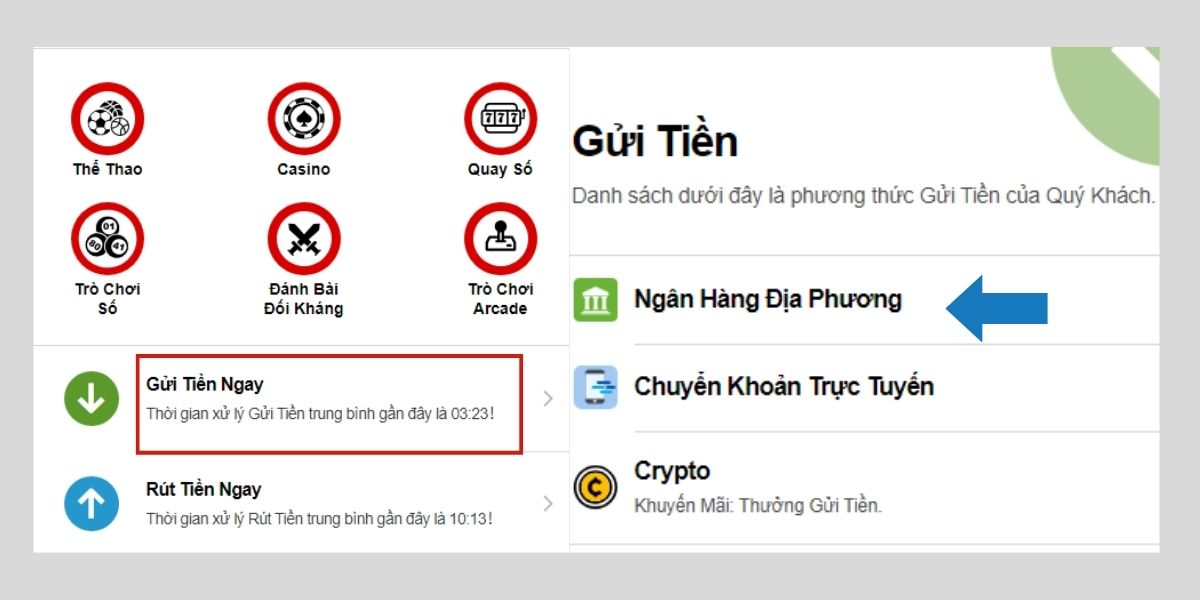 nạp tiền kto qua ngân hàng địa phương