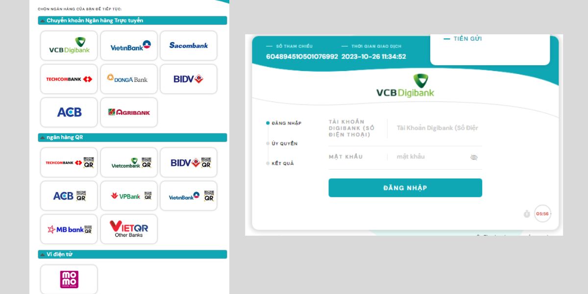gửi tiền và hoàn tất giao dịch nạp tiền kto