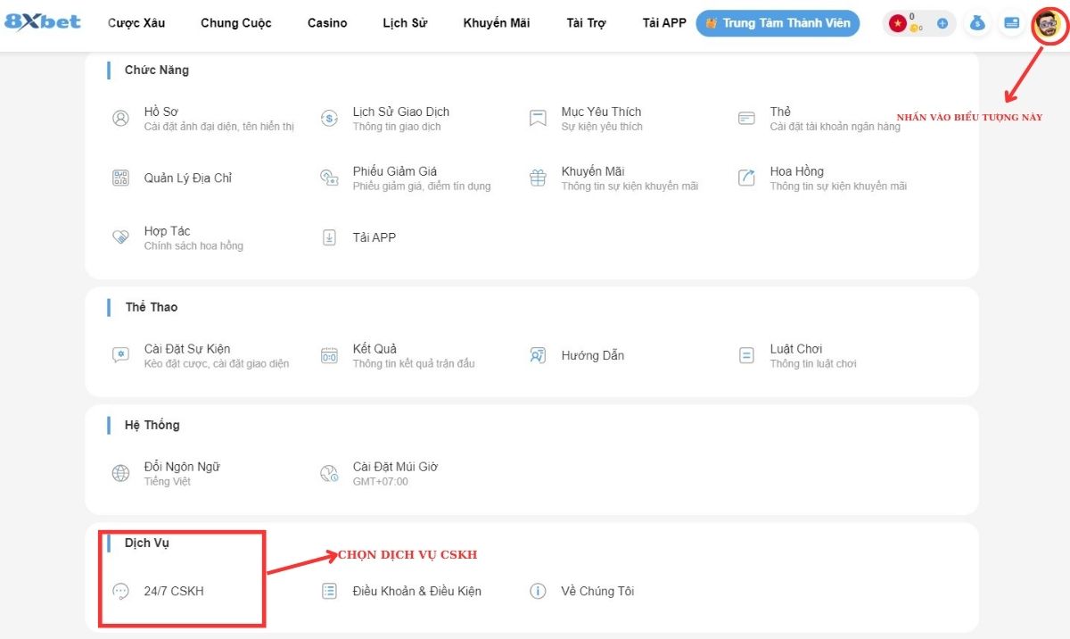 liên hệ 8xbet qua chăm sóc khách hàng trực tuyến