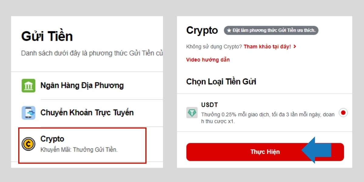chọn hình thức nạp tiền bằng cryto