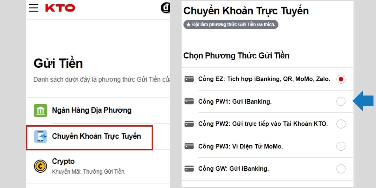 nạp tiền vào tài khoản kto bằng chuyển khoản trực tuyến
