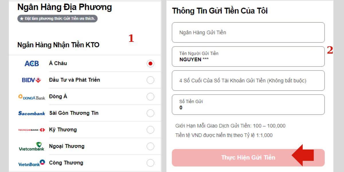 cung cấp đầy đủ các thông tin gửi tiền kto