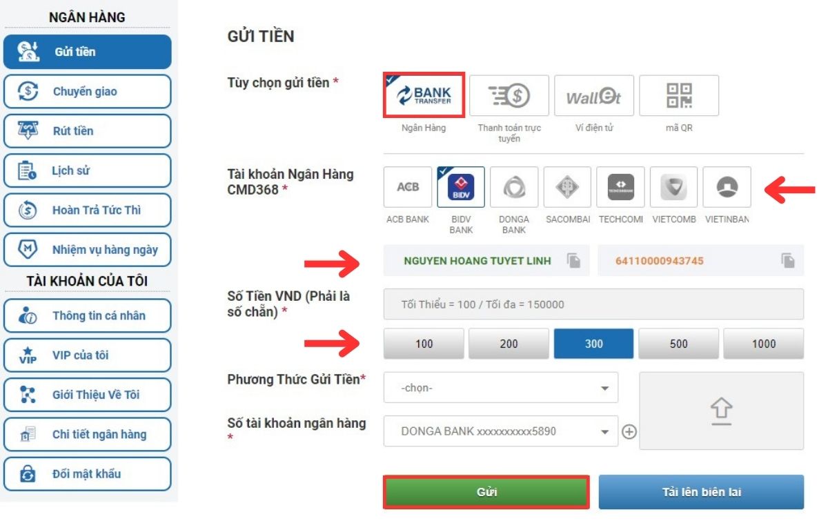 thực hiện nạp tiền cmd368 qua ngân hàng