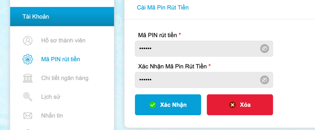 thực hiện thay đổi mã pin jun88