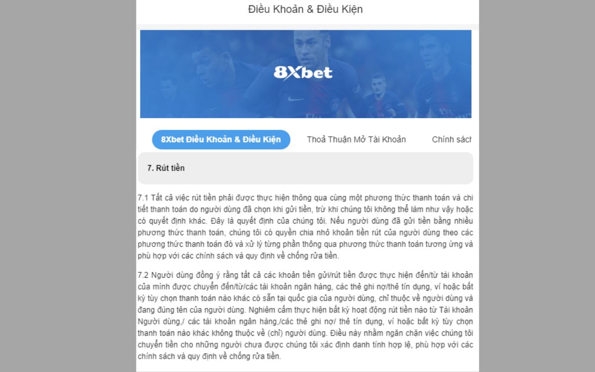 điều khoản và điều kiện rút tiền 8xbet