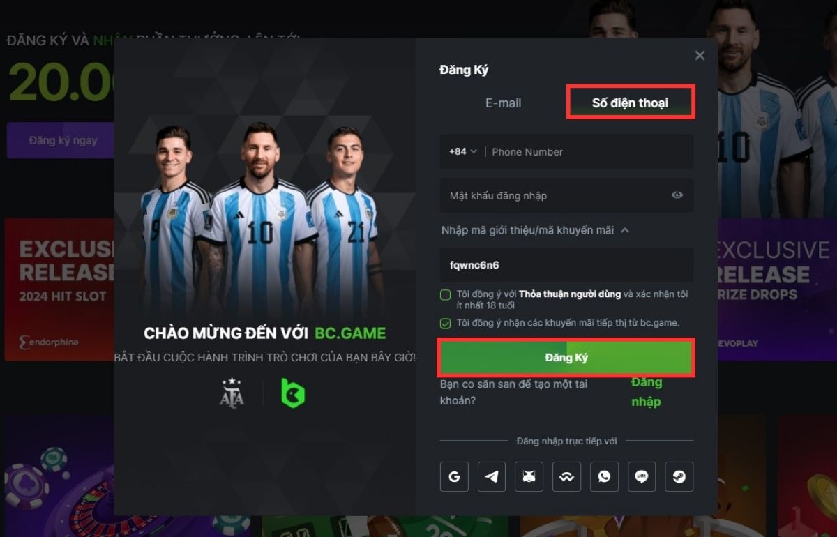 đăng ký bc game qua số điện thoại